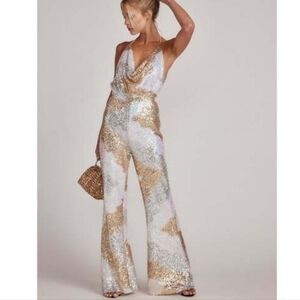12th Tribe Metallic Gold & White Sequin Cowl-Neck Jumpsuit